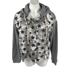 Oddi Women Large Denim Hoodie Jacket Gray Star Distressed NWT